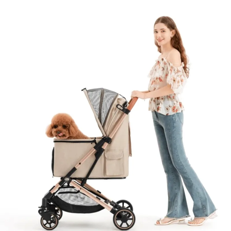 Lightweight and Foldable Aluminum Alloy Dog Stroller with Detachable Basket, Portable Pet Stroller for Outdoor Activities