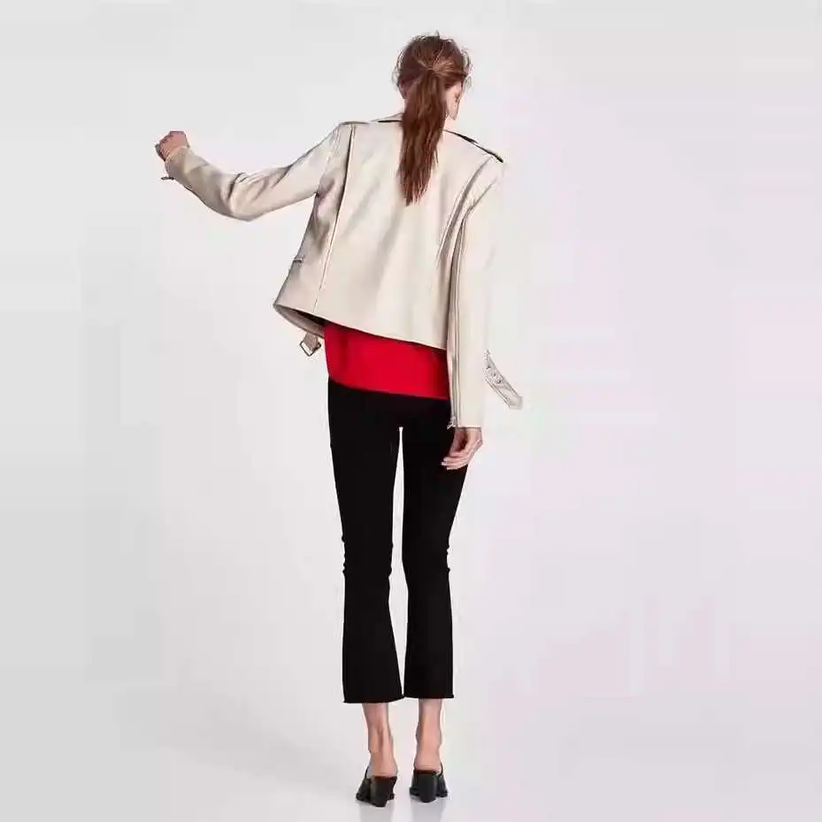 جاكيت نسائي قصير جديد لعام 2025 من الجلد الصناعي بأسلوب راكبي الدراجات النارية، ملابس خارجية بسحاب، قصة ضيقة، مصنوع من مادة ا...