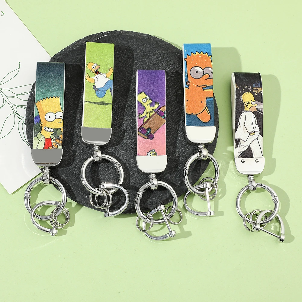 Disney Anime The Simpsons Cartoon Leather Keychain Cute Pendant for Backpack Car Keyring Accessories Gifts for Women