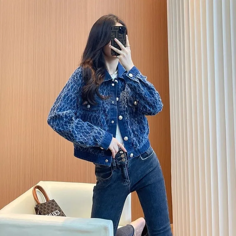 

Women's Spring Autumn Vintage Coat Denim Jacket Diamond Pattern Short Simple Comfortable Casual Design Fashion Versatile Skinny