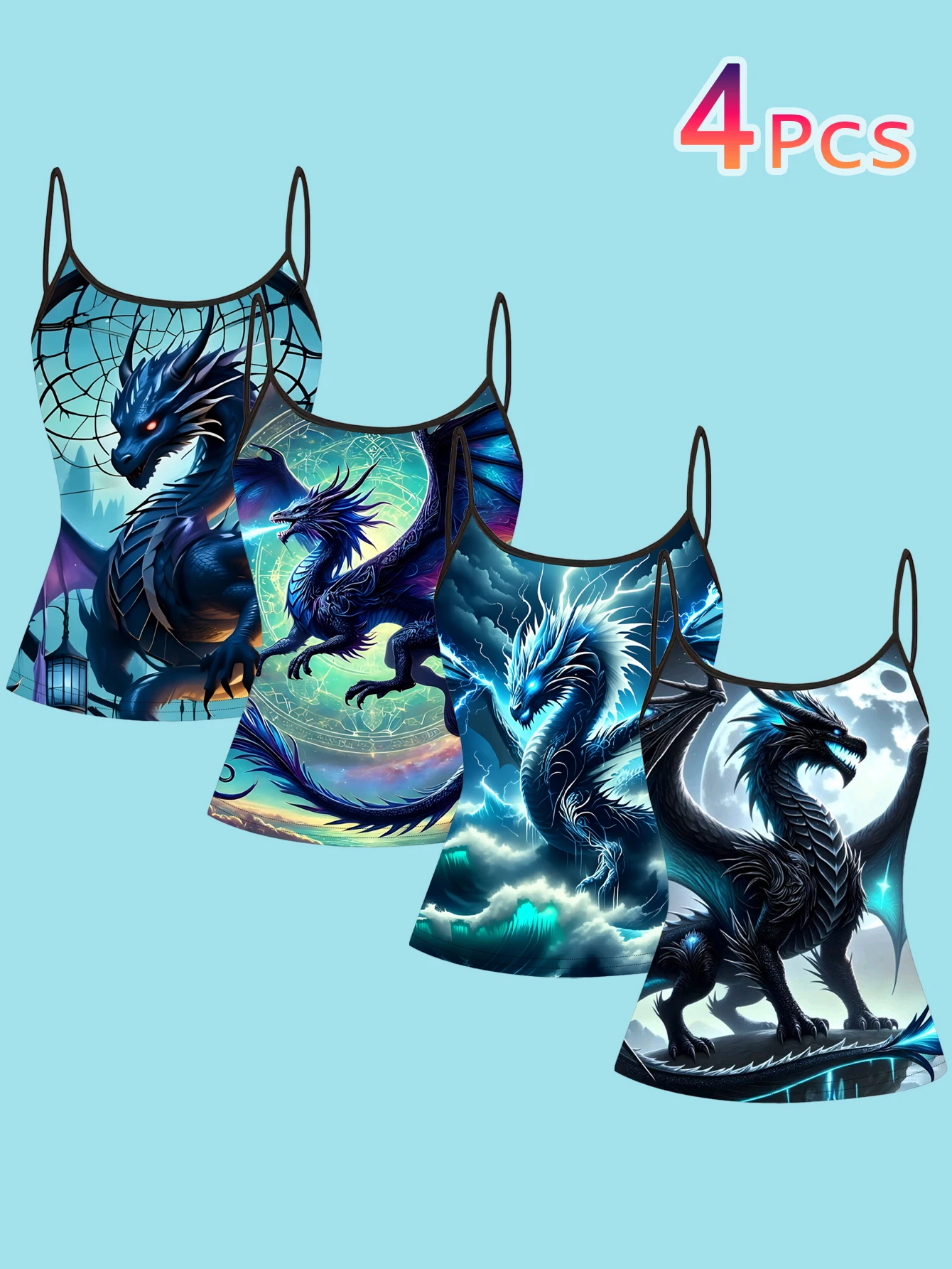 4-Piece Set of Women's Dark Dragon Print Camisoles, Blue Western Dragon Zodiac Lightning Slim-Fit Spaghetti Strap Inner Tops