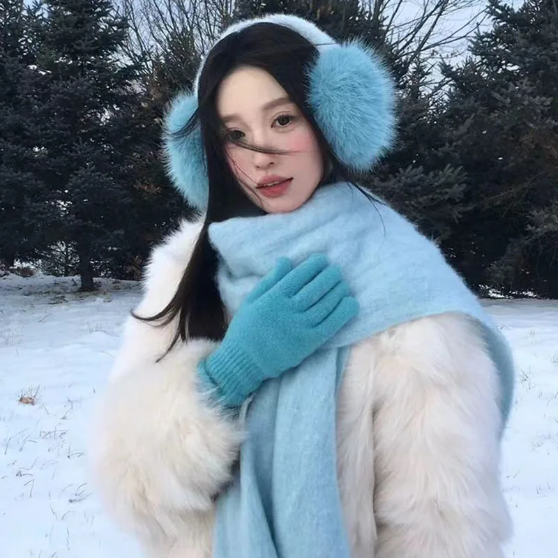 Women Winter Earmuffs Blue Fur Furry Outdoor Cycling Skiing Windproof Keep Warm Ear Covers Folding Soft Cute Plush Ear Cover
