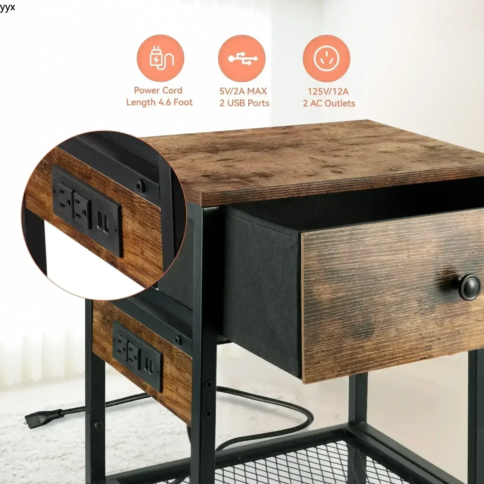 

Nightstand with Drawer, End Side Table with Charging Station for Bedroom,1 pack