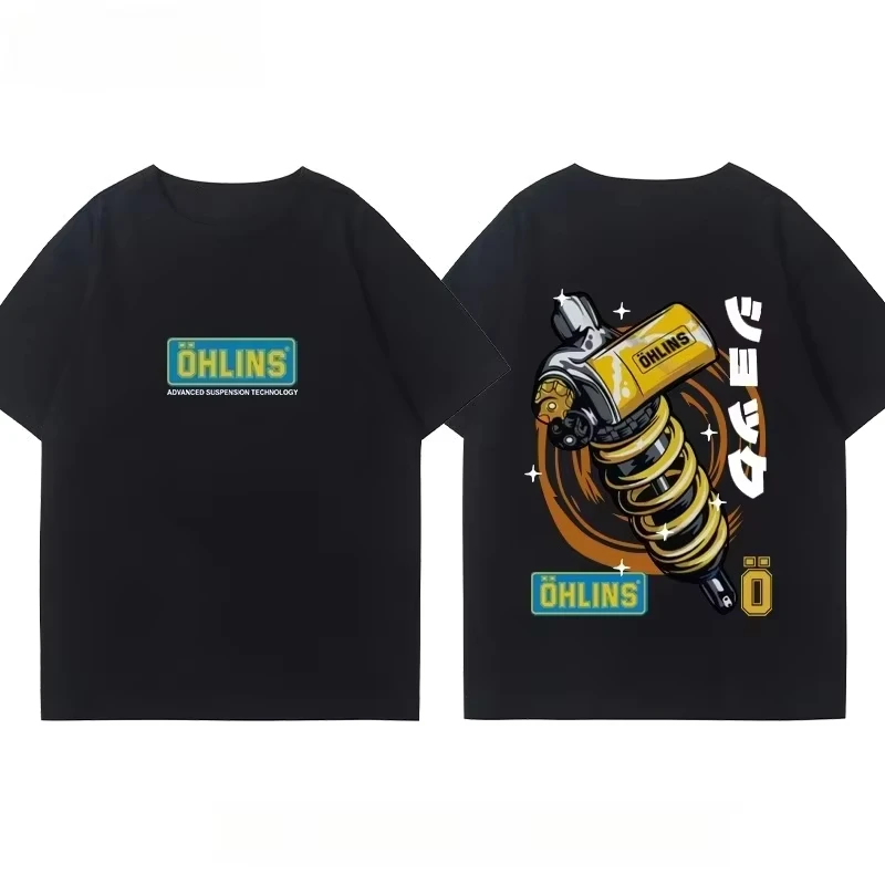 OHLINS Motorcycle Shock Absorber Modified T-shirt Cotton Casual Trendy Brand Men's Women's Car Club Crew Neck Short-sleeved Top view 5