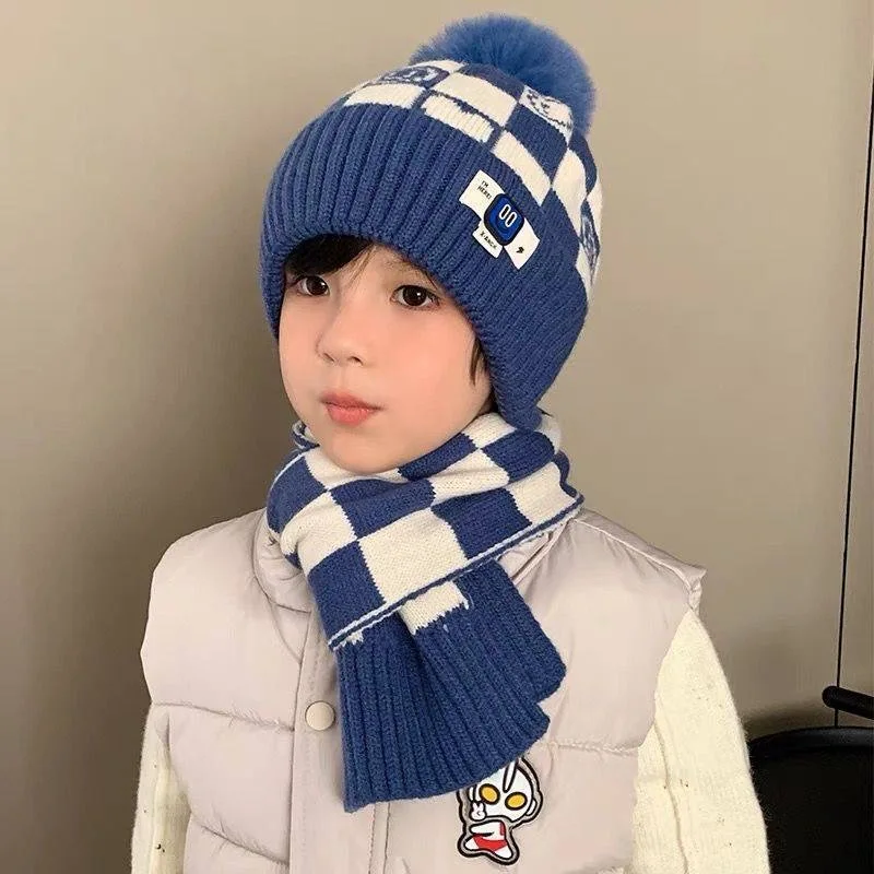 Jacquard Smiley Face Plaid Woolen Hat Scarf Two-piece Set for Winter Children's Warm Woolen Ball Knitted Hat Thickened