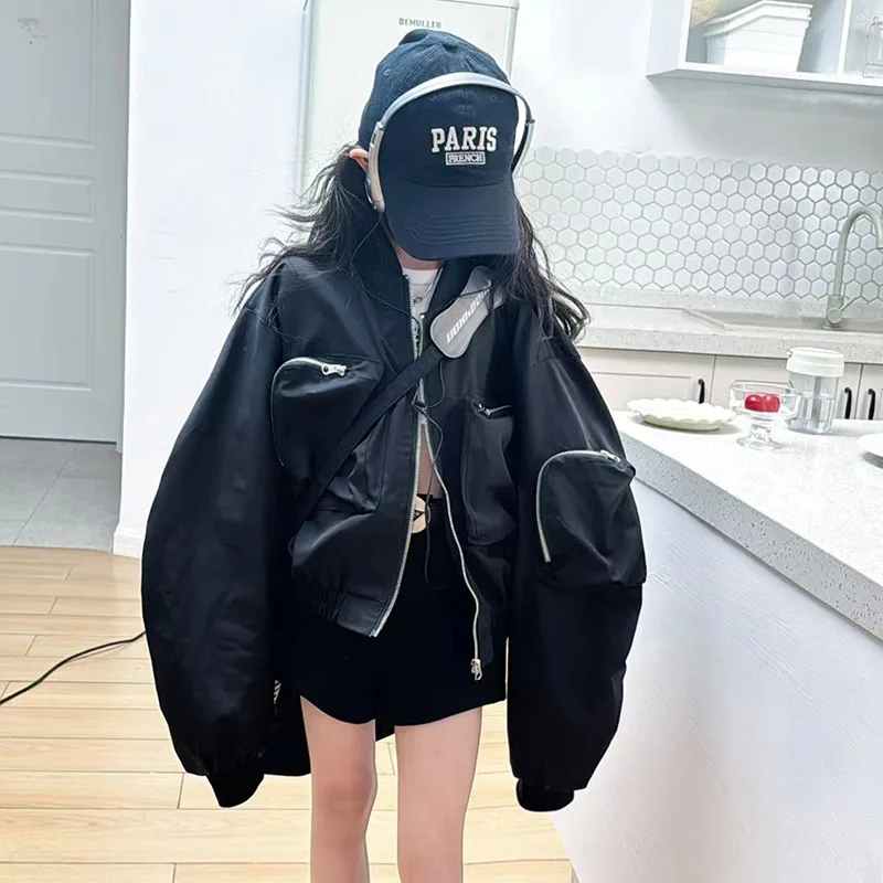 Girls Coat Spring and Autumn Coat 2024 New Fashion Girl Korean Casual Foreign Three-dimensional Cargo Black Jacket Fashion