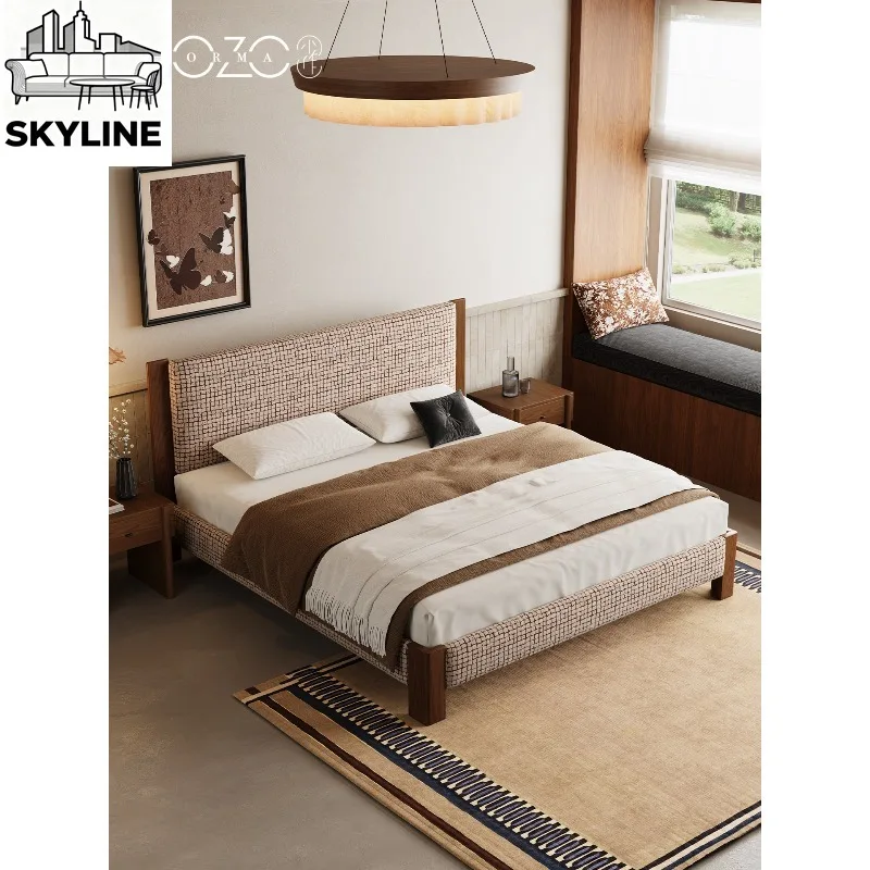 Beech Rib Frame Vintage Soft Bed, 1.8m Double Solid Wood Fabric Bed for Master Bedroom
