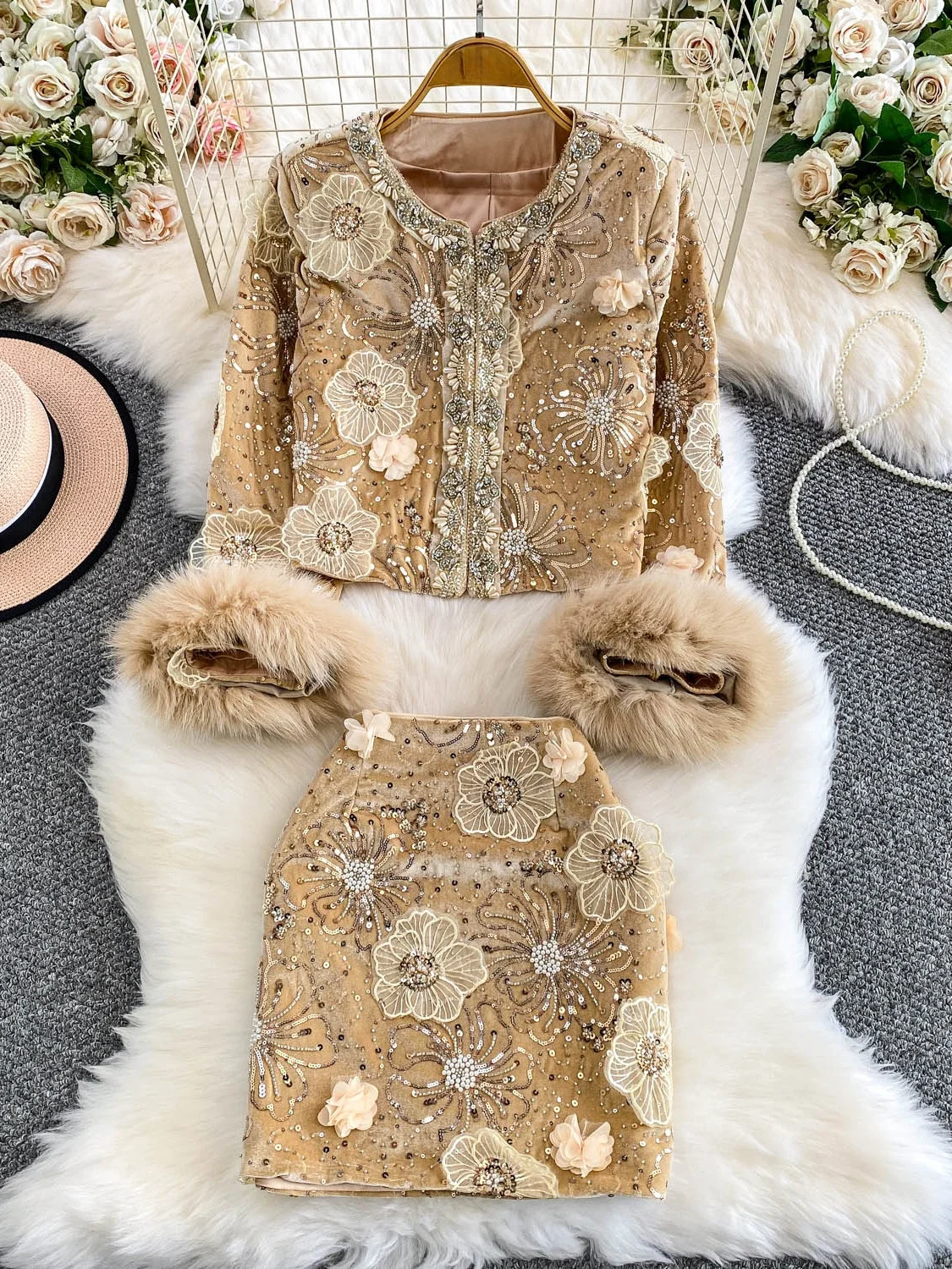 

Ele Diamond Embellied Heavy Work Jaet Fur Long Sve Women's Outfit ort Skirt Set Faionable Sequin Patchwork