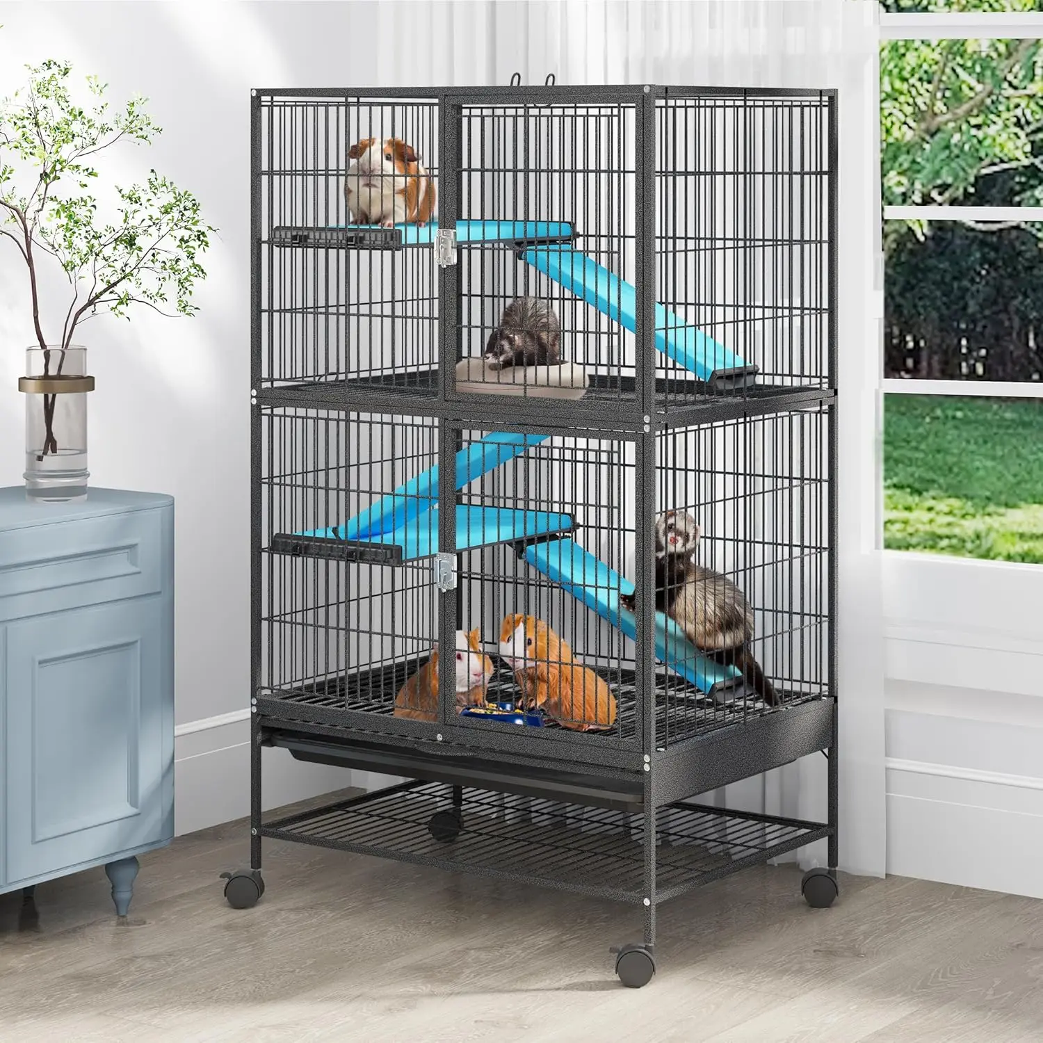 Metal 4-Tiers Small Animal Cages Adult Rats Ferret Chinchilla Guinea Pig Large Hamster Indoor Critter Nation Cage Double-Story