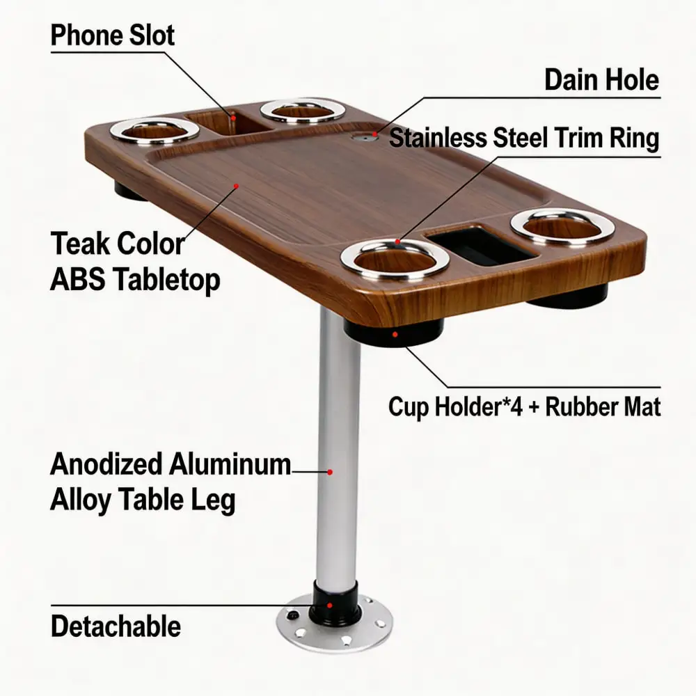 Rotatable Detachable RV Yacht Table with Aluminum Leg Bracket, Coffee Bar Table with Cup Holders for Marine, Camper Van