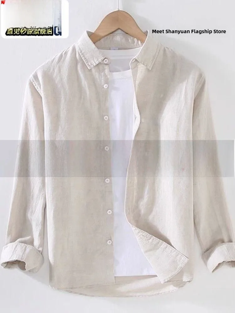 High-End Men's Long Sleeve Linen Shirt Thin Cotton Linen Material Summer No Ironing Treatment Loose Fit Youth Fashion Outerwear