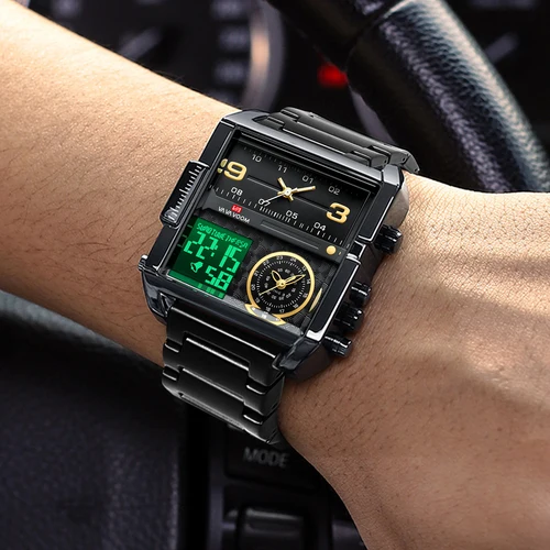 Imagen 2 del producto 2025 nuevo reloj LED para hombre, moda cuadrada, movimiento de cuarzo creativo, reloj electrónico de sincronización resistente al agua de acero inoxidable negro para hombre