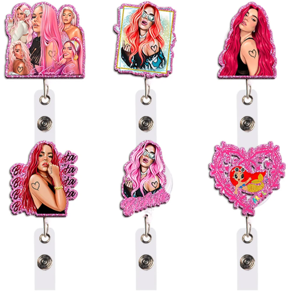 Group Dolls Famous Single K Color Glitter Acrylic Reel Clip Card Holder Permit Name Badge with Keychains Student Accessories