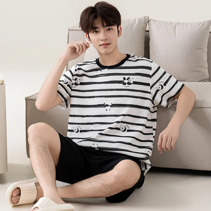 Big Size L-5XL Men Pajamas Set Summer Knited Cotton Short Top+Short Pant Pyjamas Male Cute Cartoon Striped Sleepwear