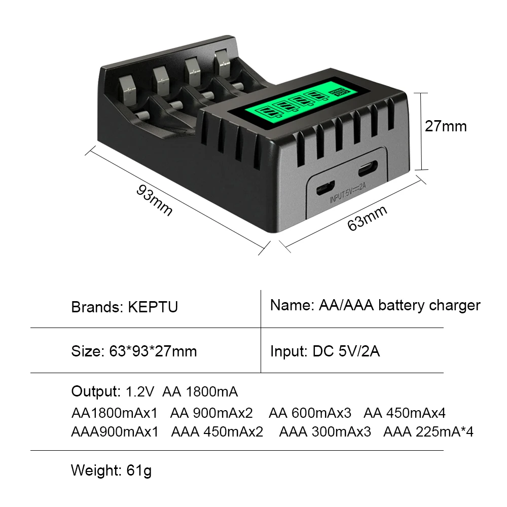 KEPTU 1.2V LCD Display AAA Rechargeable Battery Charger+NI-MH AAA Rechargeable Batteries For Cordless Phone Keyboard Toy