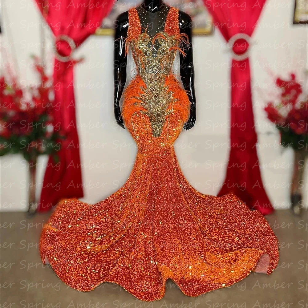 Luxury Crystal Orange Prom Dresses Feathers Sequins Black Girl Formal Evening Gowns Birthday Party Robe Mermaid Rich Customized