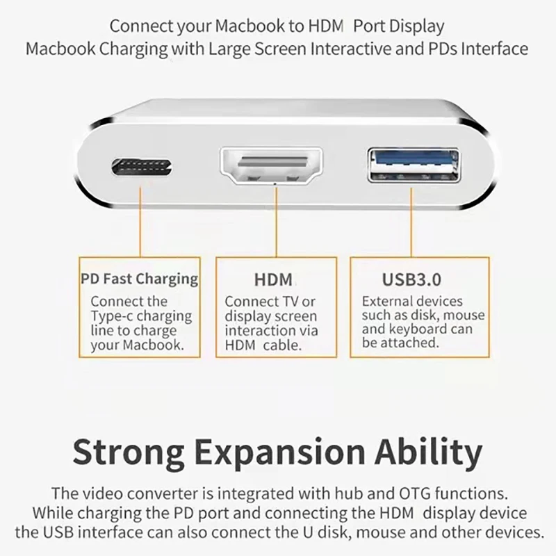 3ใน1ประเภท C ถึง4K HDMI USB 3.0การชาร์จอะแดปเตอร์ USB C Hub USB 3.0สถานี Dock Splitter สำหรับแล็ปท็อป Macbook Air Pro