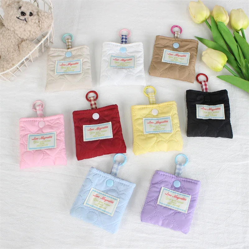 Korean Solid Macaron Quilted Cotton Heart Earphone Case Snap Button AirPods Cover Cute Keychain Coin Purse for Women Portable