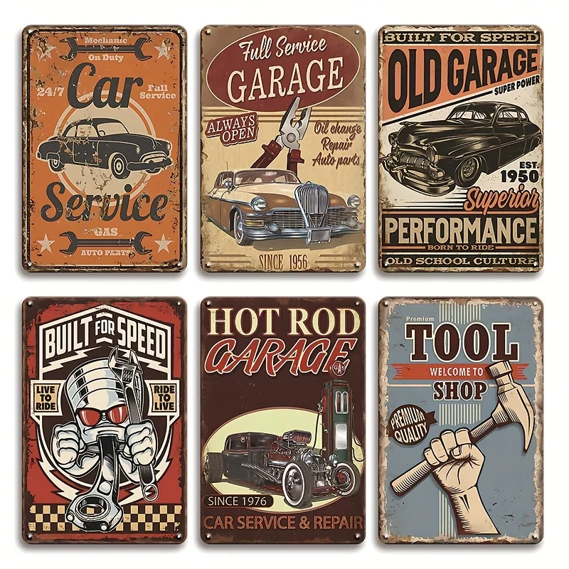 [JIT]6pcs Metal Vintage Car Garage Signs- 8.0x12.0inch, Retro Automotive Wall Art Decor, Ideal for Boys' Studios, Tool Shops, an