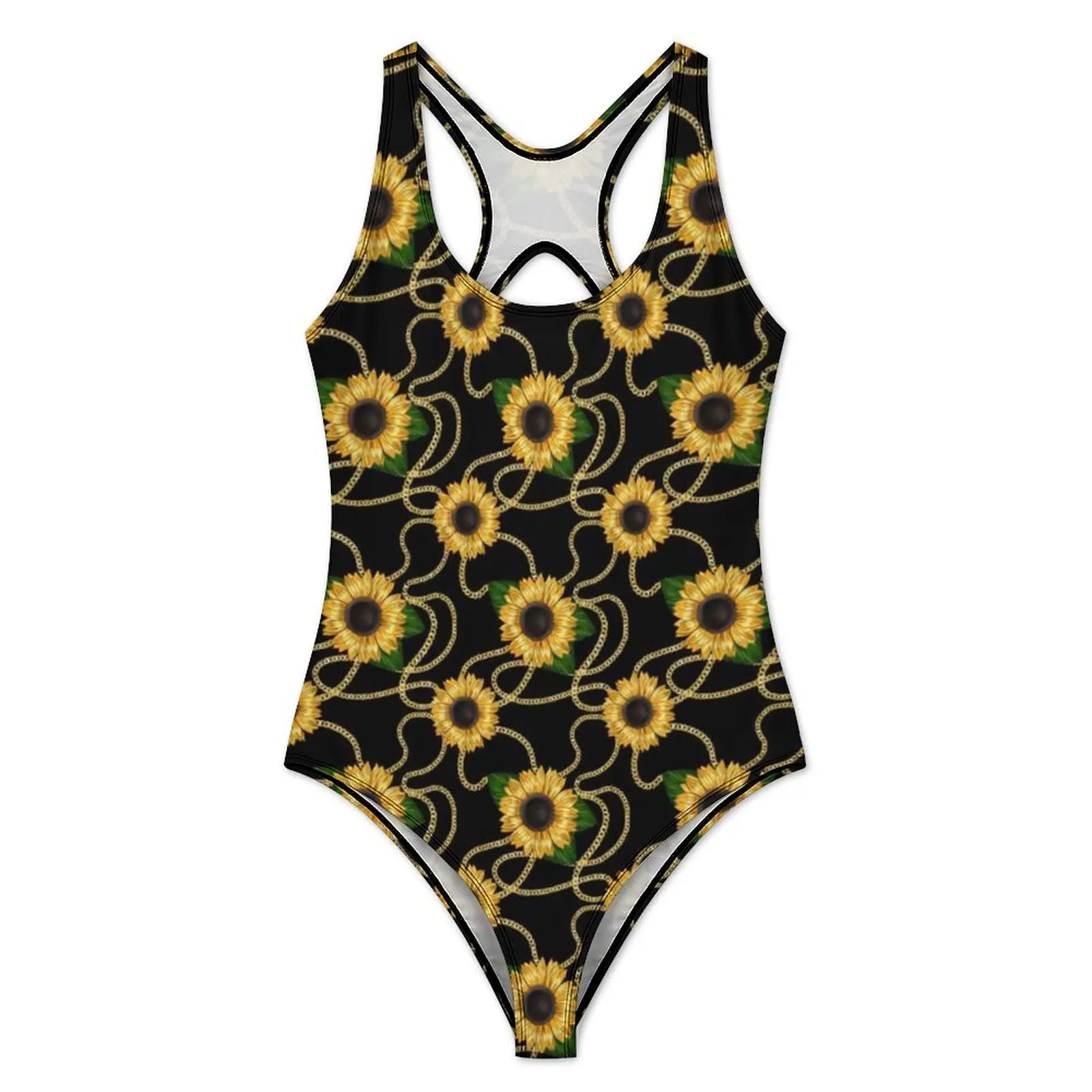 Gold Chain Sunflower Swimsuit Sexy Classy Yellow Sunflowers One Piece Swimwear Push Up Swimsuits Stylish Holiday Surf Beachwear