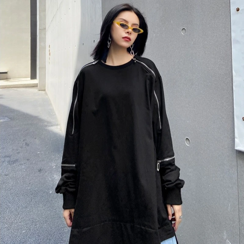 여성 캐주얼 빈티지 데님 패치워크 라운드넥 지퍼 스포츠웨어 루즈핏 스웨트셔츠 2025 가을 상의