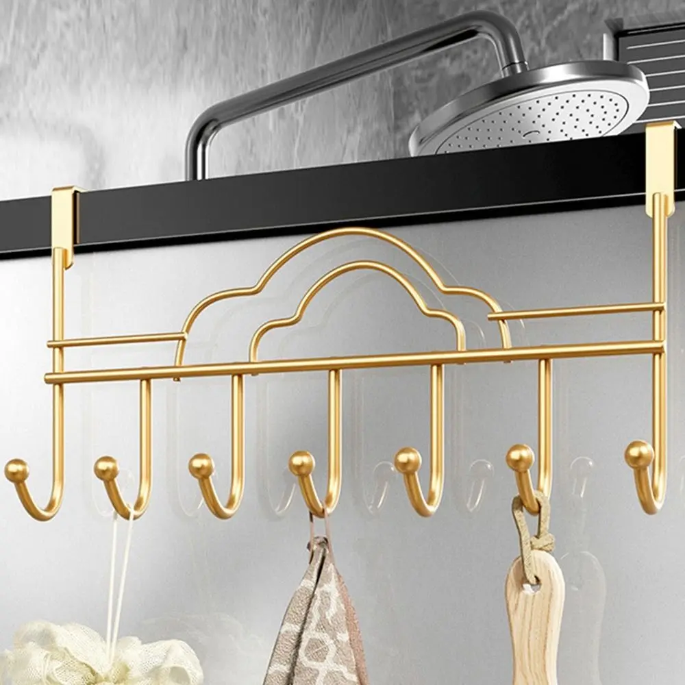 Iron 7-Hook Over Door Hanger Convenient Hanging Gold Hat Coat Hooks Space-saving Nail-Free Clothes Storage Rack Kitchen