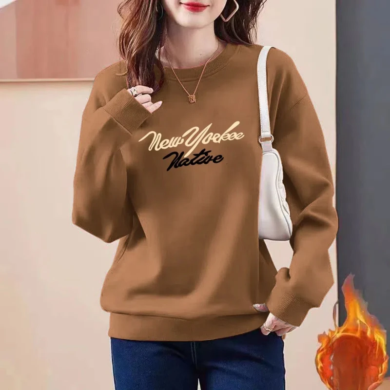 Women\'s Clothing Spring Autumn Crew Neck Flocking Lantern Long Sleeve Hoodies Letter Printing Fashionable Flattering Casual Tops