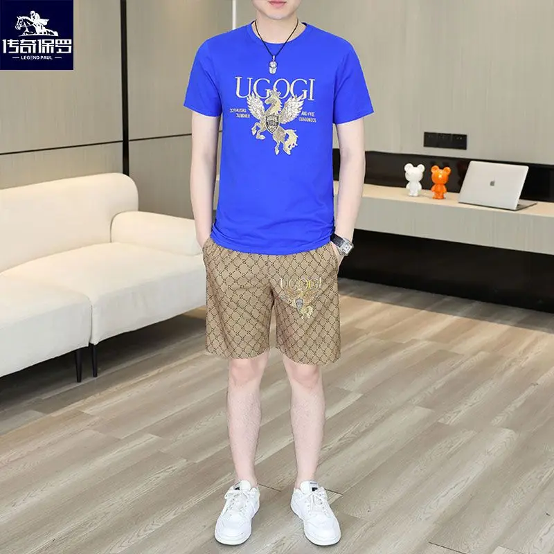 Fashion suit new men's suit short-sleeved summer T-shirt shorts trendy handsome casual