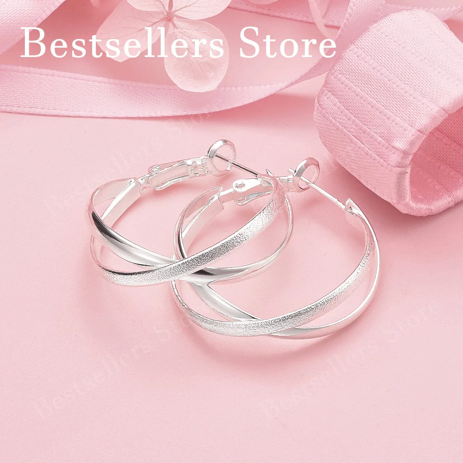 925 Sterling Silver 26MM Exquisite Twisted Frosted Large Hoop Earrings for Women Fashion Party Gifts Jewelry Wedding Accessories