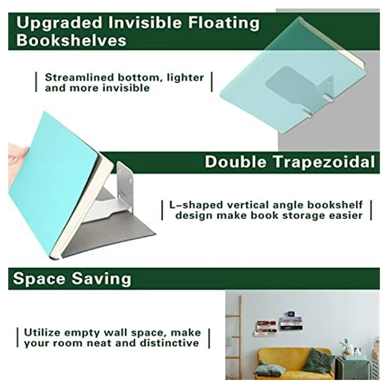 ABLB-6PCS Floating Bookshelf Duty Invisible Floating Bookshelves For Wall Space-Saving, Iron Plate Metal Book Storage Easy To Us
