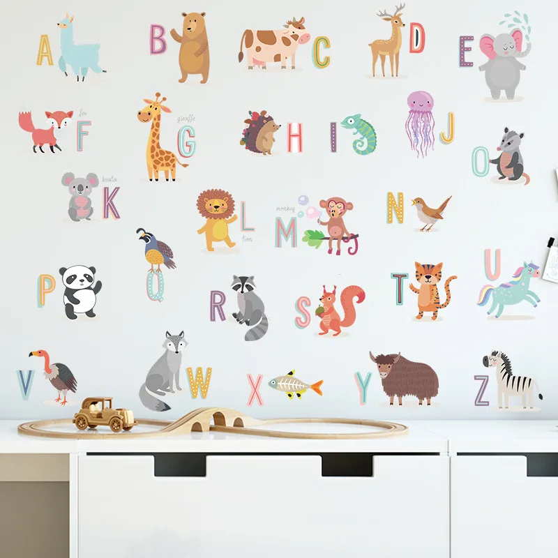 Cartoon Animals Letters Removable Wall Stickers Home Decor DIY Decals Mural for Nursery Kids Baby Room PVC Waterproof Poster Art