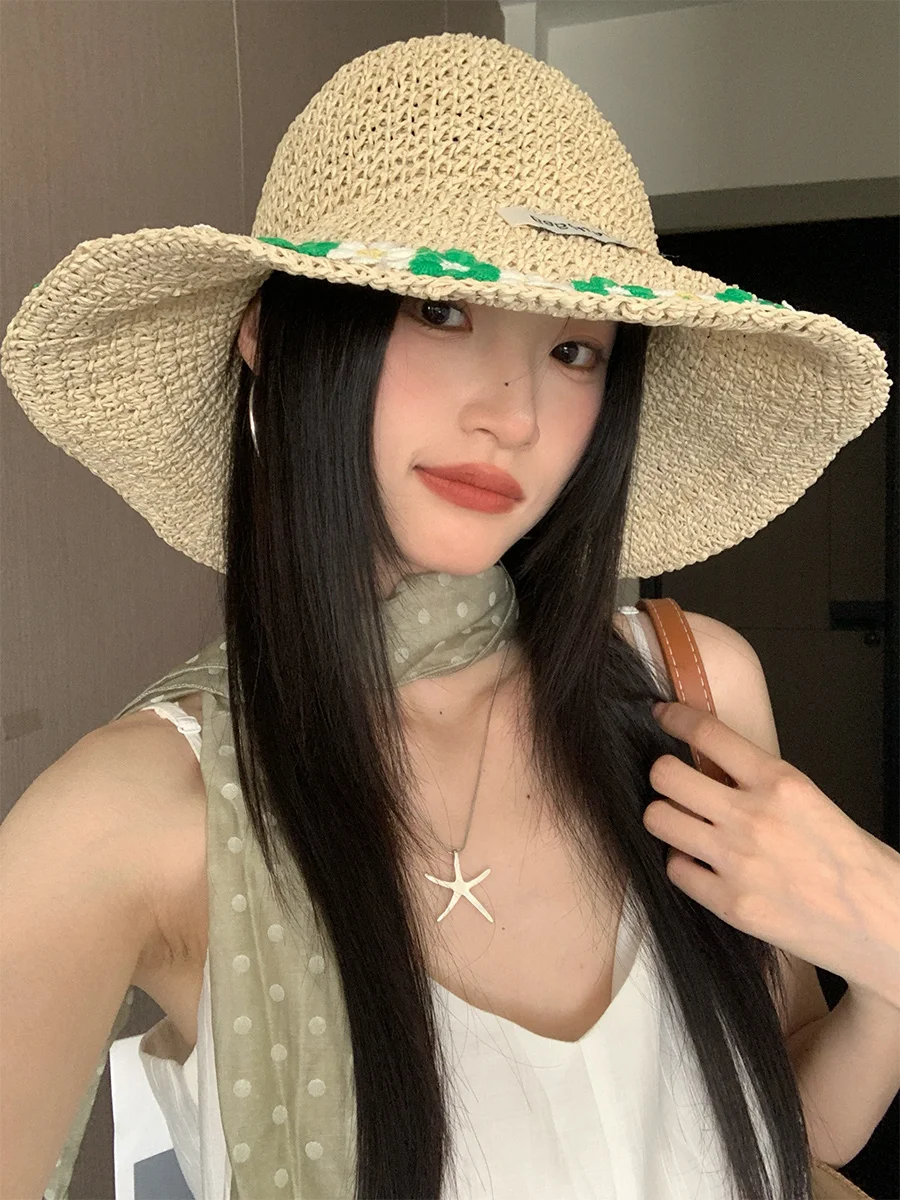 

Spring and summer new sweet flower woven straw hat for women, large brim sun hat for travel and vacation
