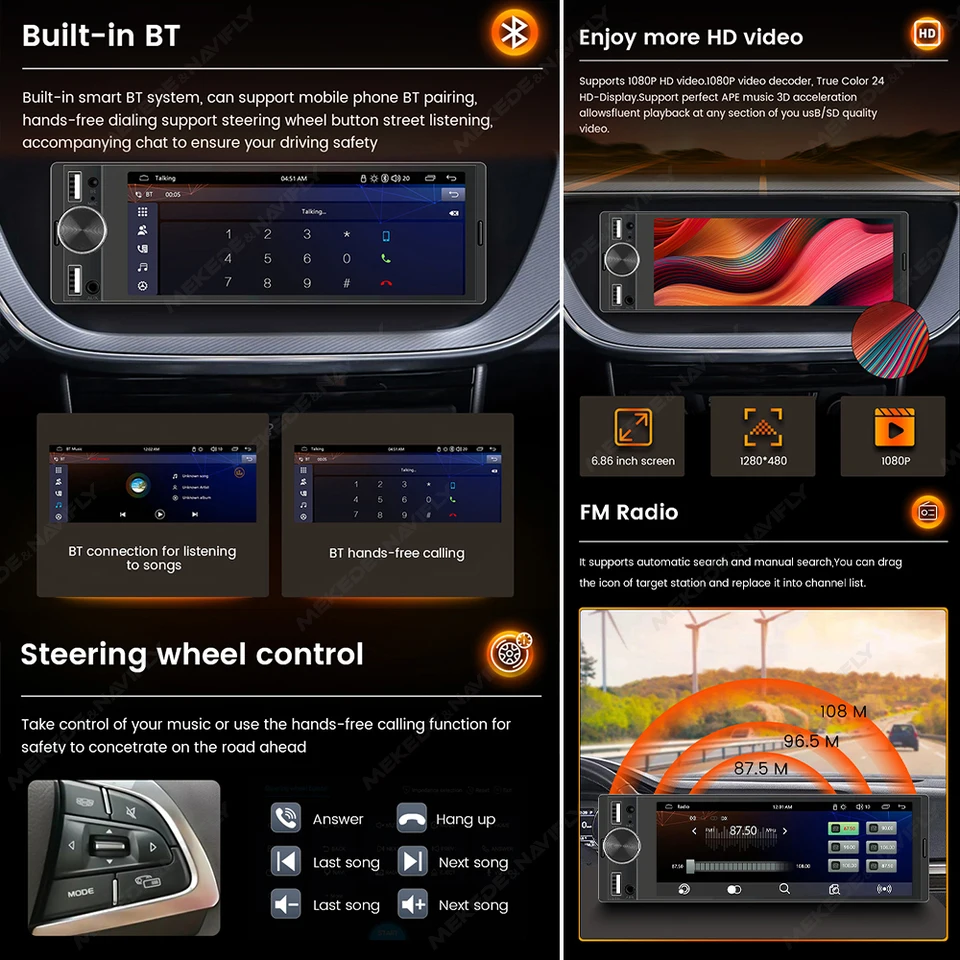 MEKEDE 6.86 インチ 1Din Carplay Android オートカーラジオマルチ