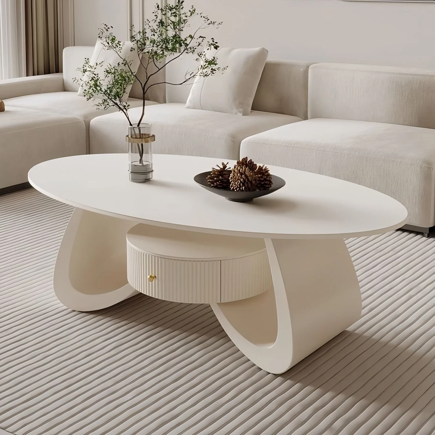 Cream Style Marble Top Metal Frame Oval Coffee Table for Living Room Small Apartment Simple Modern Living Room Furniture