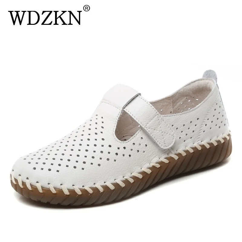

WDZKN 2026 Summer Genuine Leather With Holes Breathable Flat Shoes Women Shallow Handmade Sewing Soft Comfort Casual Shoes