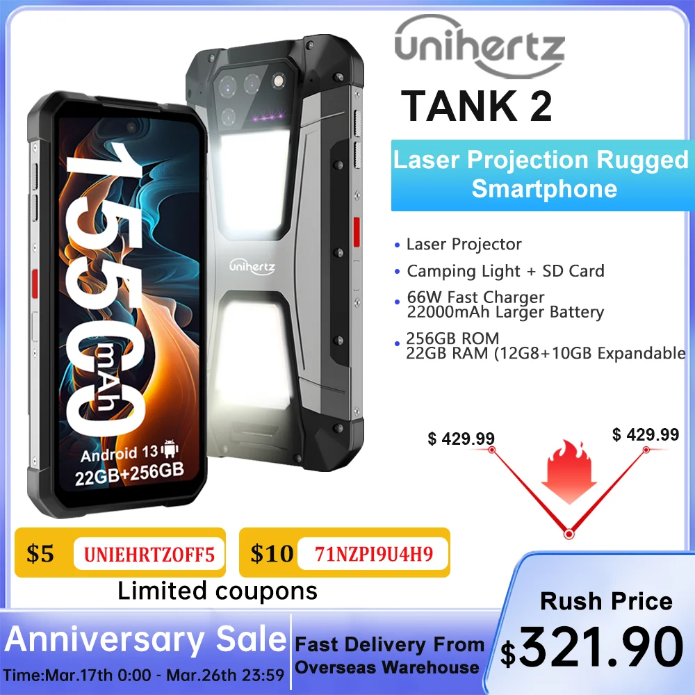 Unihertz 8849 Tank 2 Projector وعرة 22GB RAM 256GB ROM 108MP ضوء التخييم 64MP Super Night Vision G99 15500mAh دعم SD TF