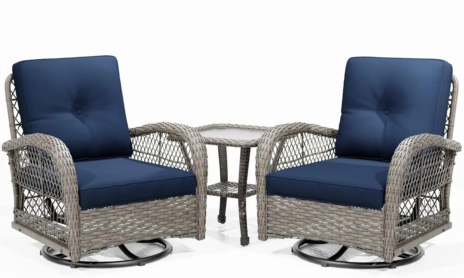 3-Piece Wicker Swivel Rocking Patio Chair Set with Side Coffee Table & Durable Fabric Cushion, Customized