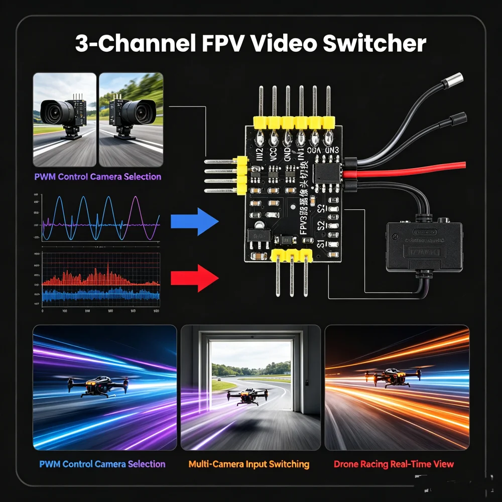 Dc5-12v 3-channel Video Switcher Module Fpv 3-camera Accurate Switching With Pwm Control Suitable For Crossing Drones
