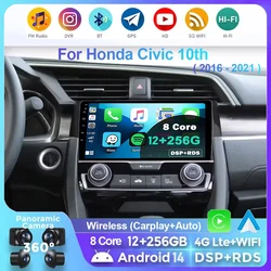 For Honda Civic 10th 2016 2017 2018 2019-2021 Android 14 Carplay Auto Car Radio Multimedia Video Player Navigation GPS 4G WIFI
