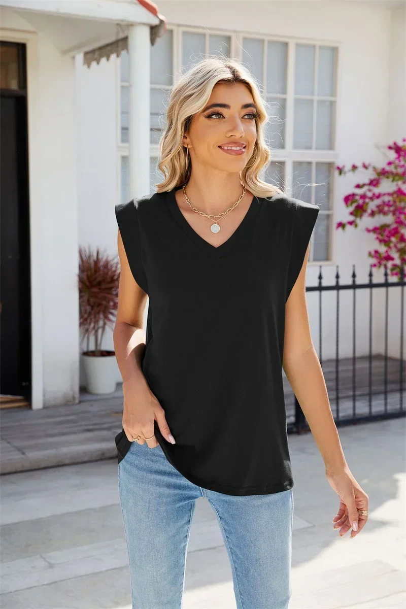 Fashion Solid Color Ultra Short Flying Sleeve T-Shirt Women Comfortable Casual Commuter Loose V Neck Top Summer Female Tees Vest