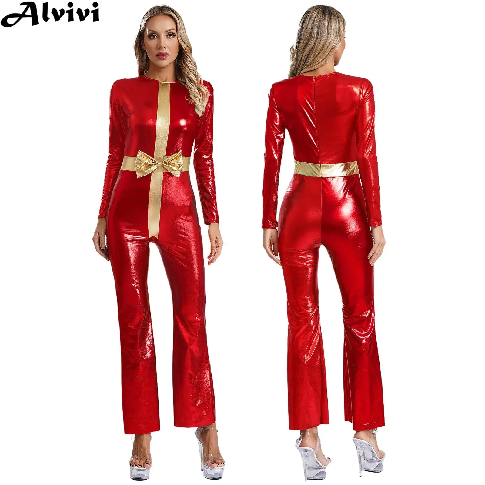 Women Christmas Dance Leotard Long Sleeve Metallic Shiny Bell Bottom Jumpsuit Xmas New Year Party Cosplay Performance Costume