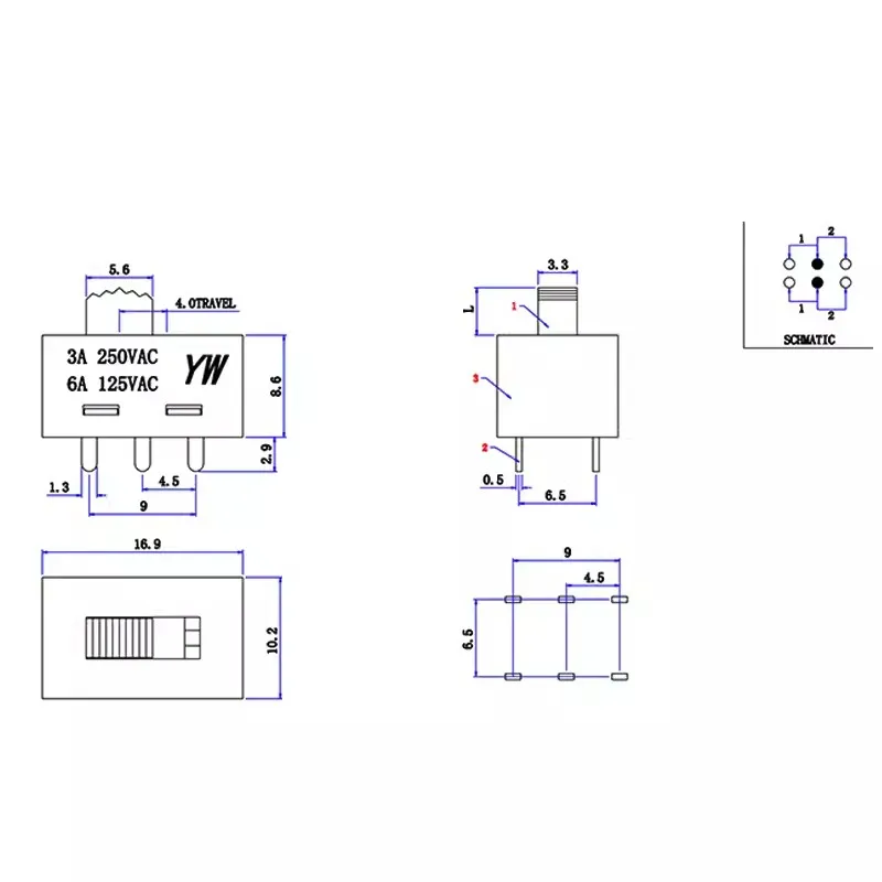 1PCS/LOT SS-22H30 High current slide switch Vertical plastic housing key switch 2-speed 6-foot hair dryer