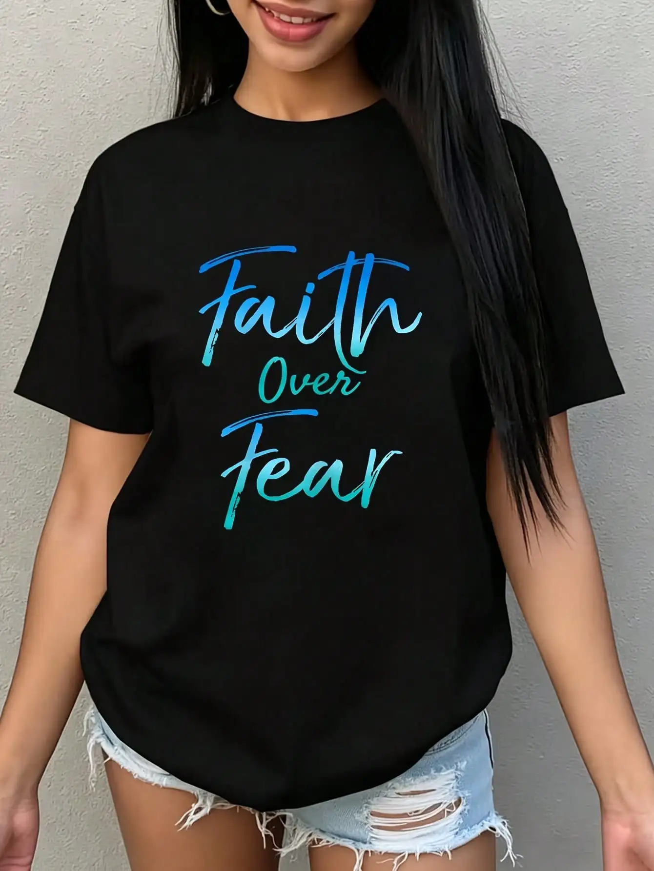Faith Over Fear Shirt Vintage Inspirational Bold Christian Women's T-Shirt Funny Graphic Tee Novelty Shirt Casual Crew Neck Top