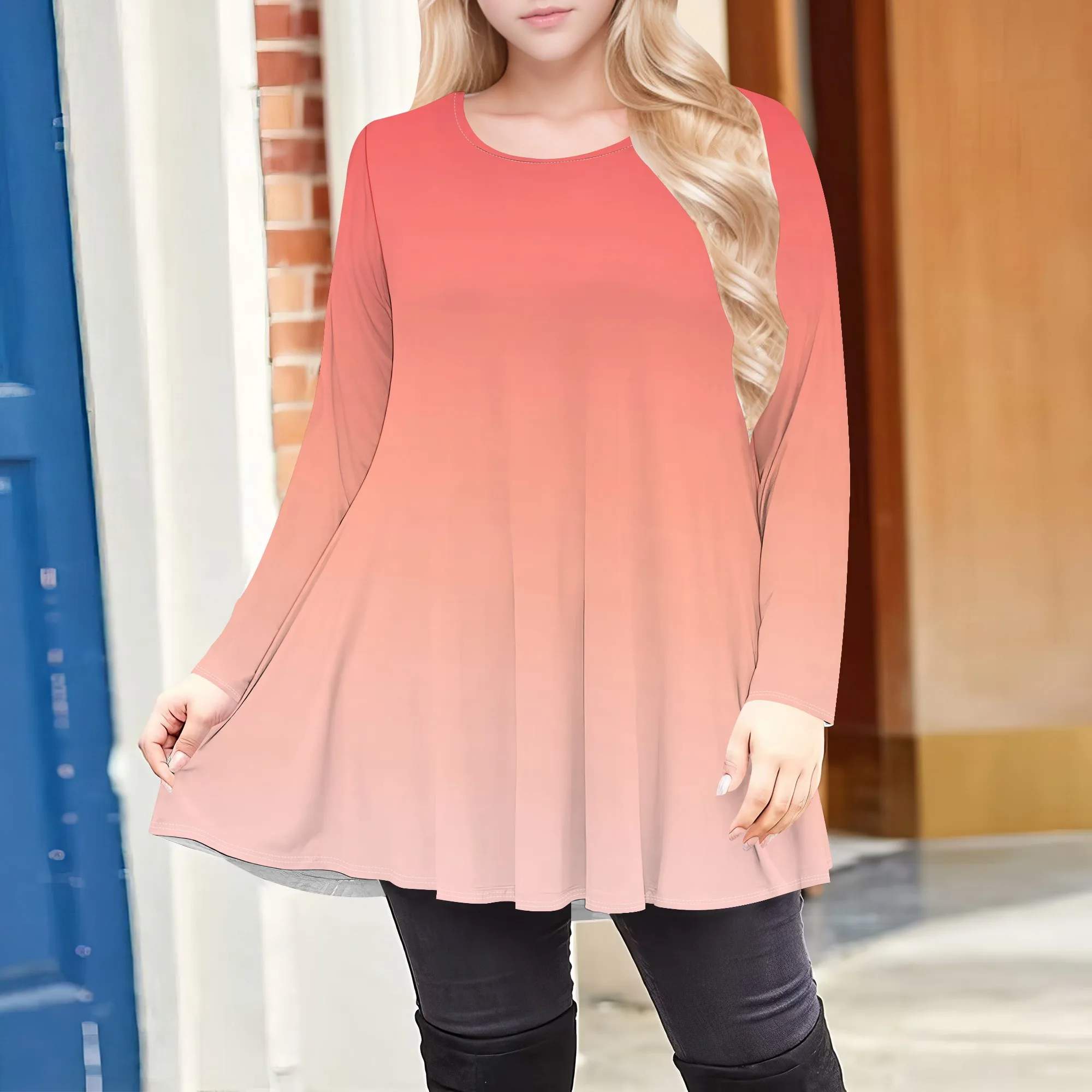 เสื้อเชิ้ตแขน 3/4 สําหรับผู้หญิงเสื้อขนาดบวก Dressy Top Loose Fit Flare เสื้อยืด
