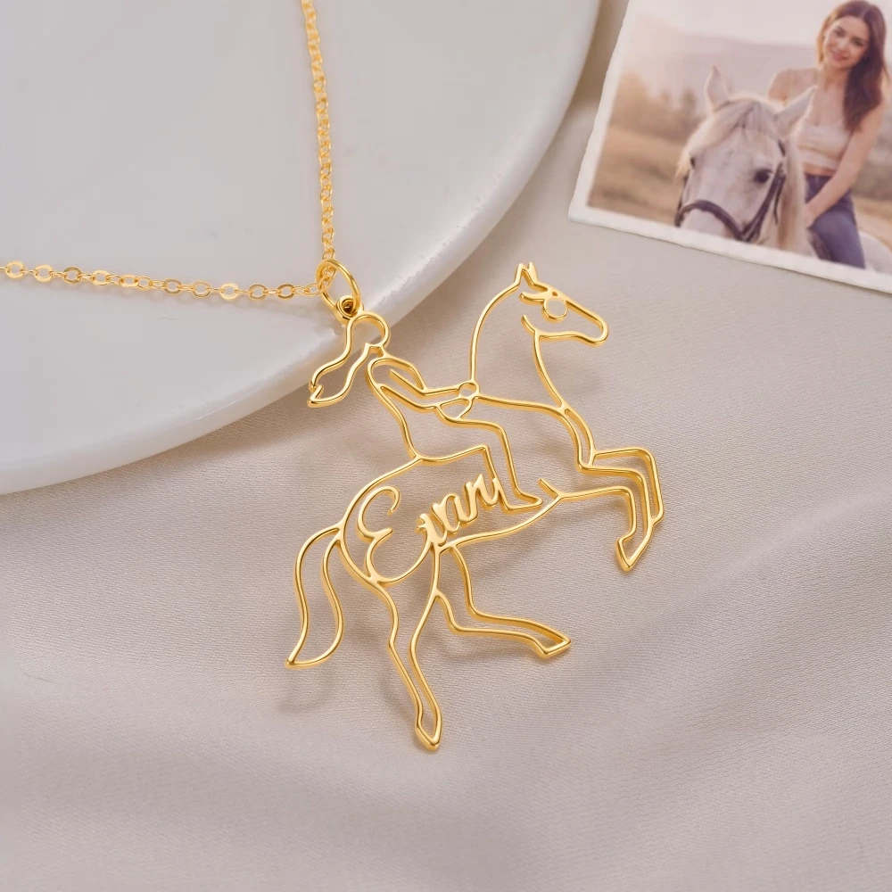Custom Cursive Name Horse Rider Necklaces Personalized Nameplate Horse Racing Necklaces Stainless Steel Equestrian Jewelry