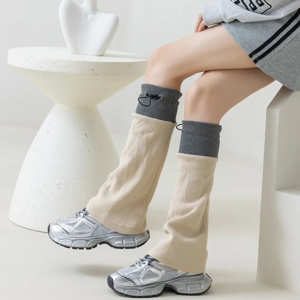 1 pair Harajuku Middle Tube Leg Warmers Gray Spliced Adjustable Buckle Calf Socks Breathable Drawstring Closure Foot Cover Women