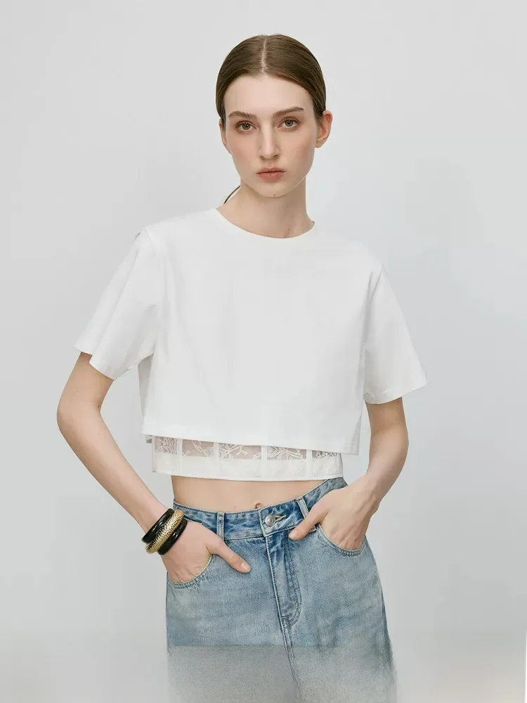 

Elegant White Lace Splice Fake Two-Piece T-Shirt Women's Summer New Style round Neck Short Sleeve Cotton Polyester Blend