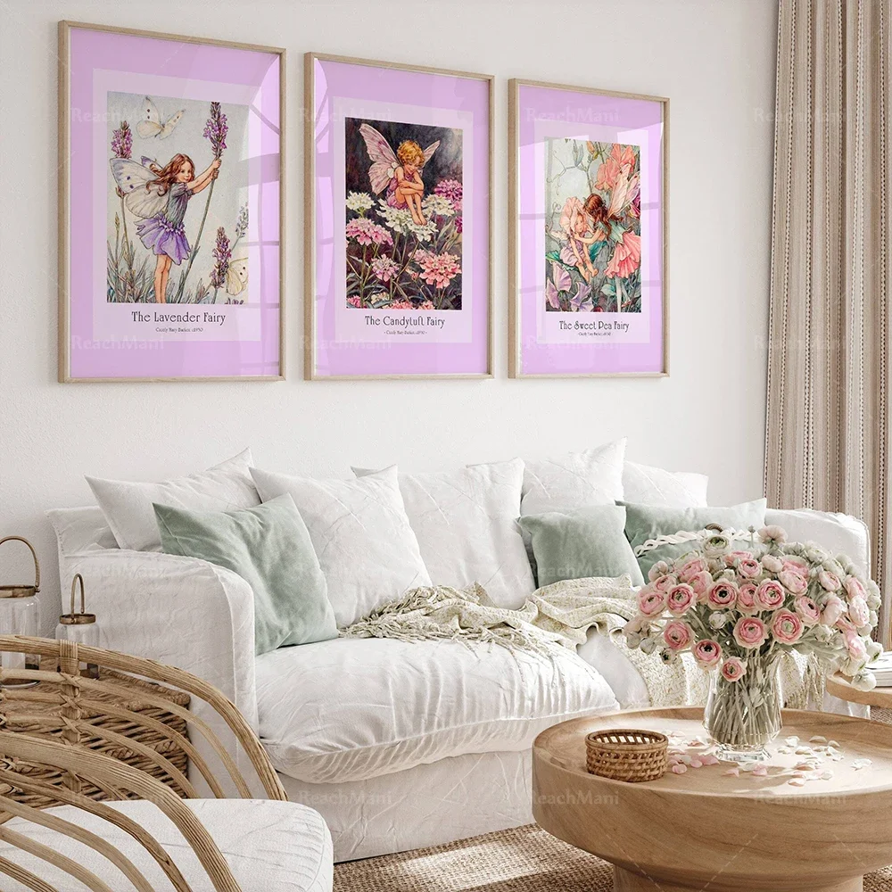 Flower fairy retro poster, spring flower autumn and winter flower fairy, lavender daisy snow lotus fairy painting beautiful gift