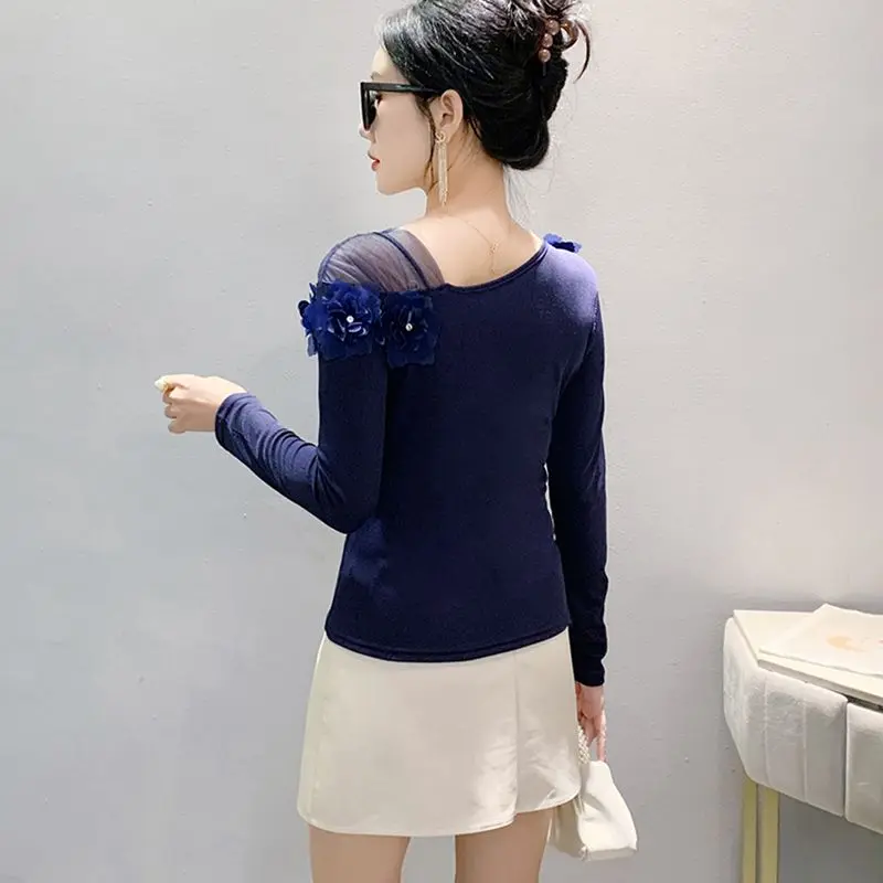 New Autumn Korean Women Long Sleeve Cotton T-shirt Chic Sexy Skew Collar 3D Applique Flower Tees Streetwear Girls Slim Tops