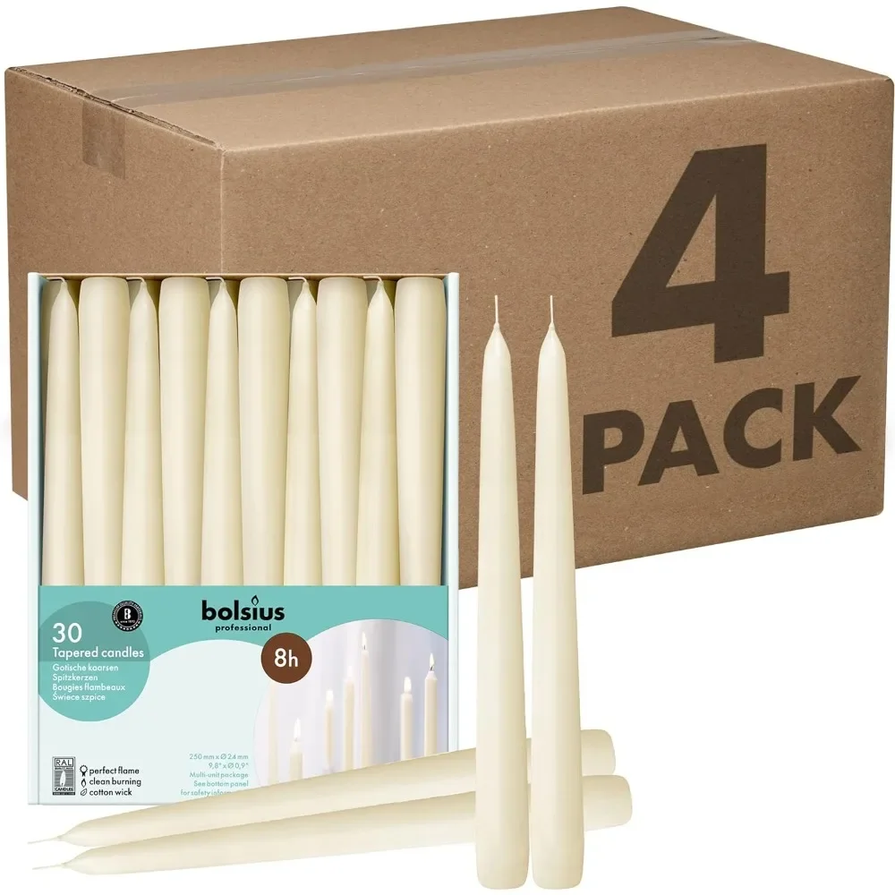 

Ivory Taper Candles - Bulk Case of 4 Packs = Total 120 Candles - 8 Hours Premium European Quality Consistent Smokeless Flame